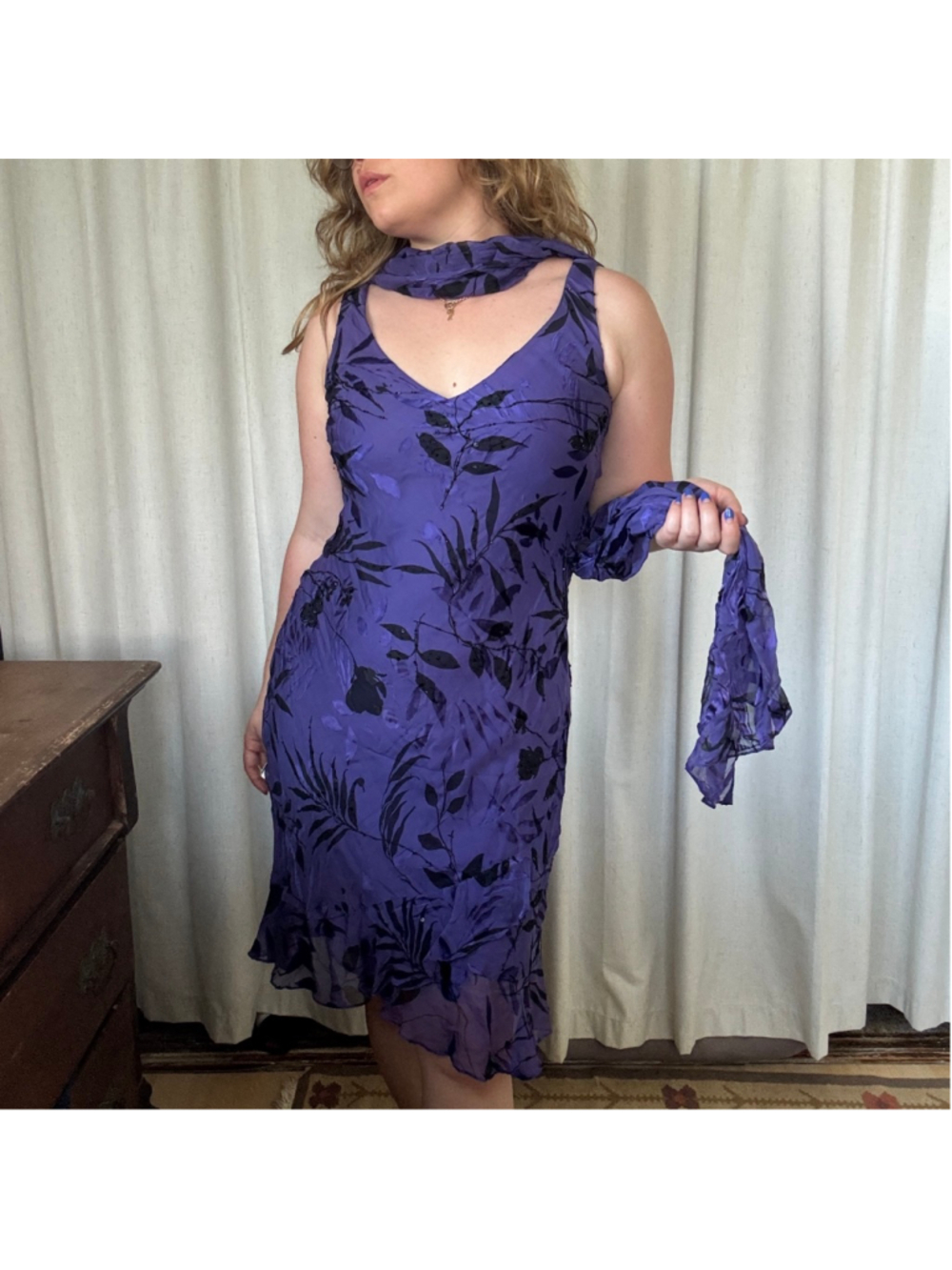 Alex Evening Petites •Silk Purple Floral Y2K Fairy Dress w/ matching scarf • 10P